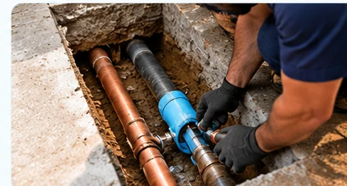 Exposed plumbing pipes being assessed for an appropriate repair